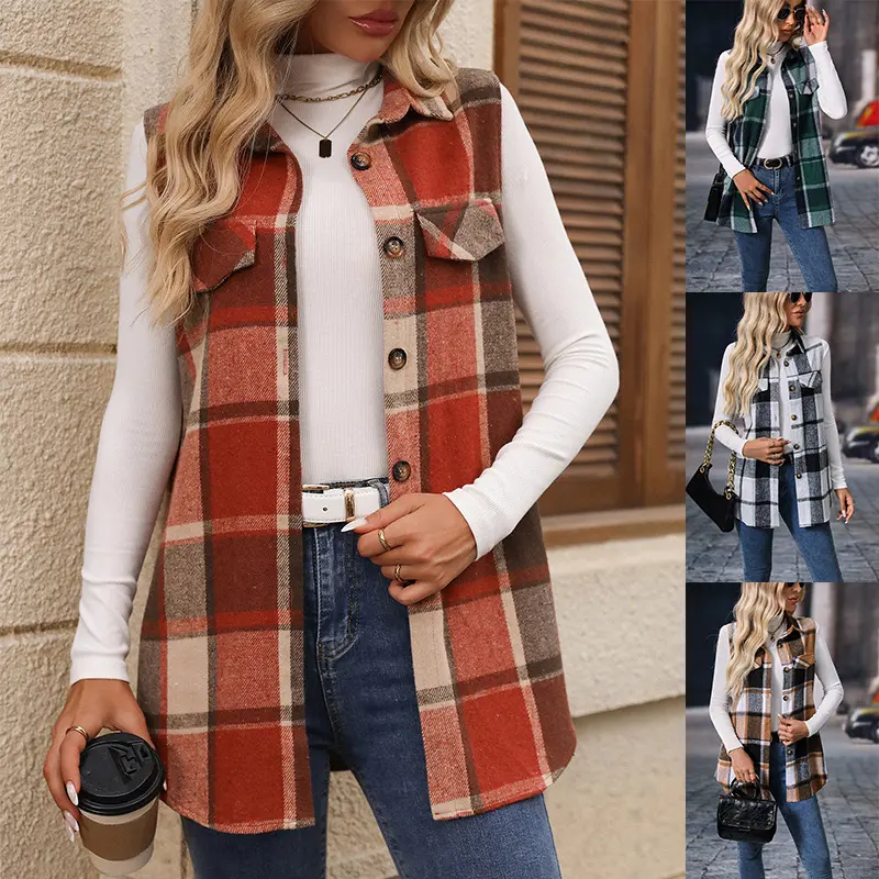 Women’s Plaid Shacket Vest Sleeveless Button Down Oversized Shirt Jacket, Casual Fall Layering Outerwear for Streetwear, Work, Weekend Travel & Daily Wear