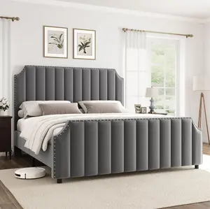 Queen Size Platform Bed Frame with 50inch Headboard Velvet Upholstered Bed Frame Queen with Vertical Channel Tufted Headboard and Footboard Nailhead Trim No Box Spring Needed Grey