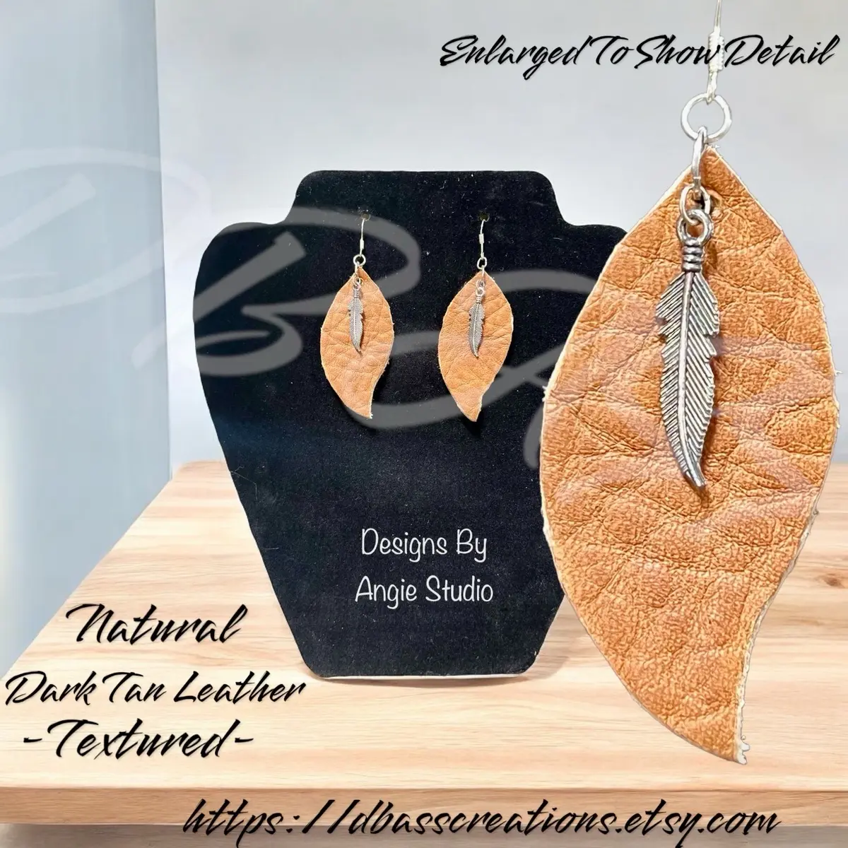 Unique Leaf & Feather Earrings - Brown Leather