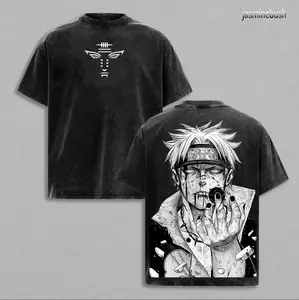 Vintage Pain Nagato Rain Village Oversized T-Shirt - Double Printed Washed Anime Graphic Tee, Unisex Harajuku Streetwear Anime Merch Gift