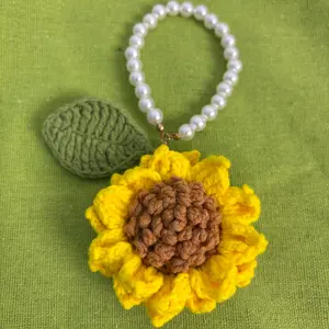 Sunflower Keychain Handmade Crochet Floral Gift Present Phone Chain with Pearl Beads and Green Leaf Accent Elegant Design Versatile Use Handcrafted Charm