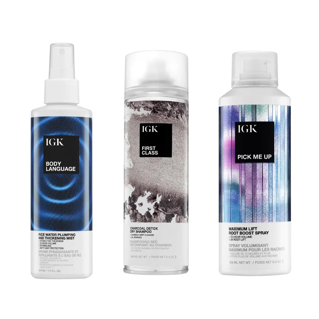 IGK VOLUME ON MAX BUNDLE | Body Language Thickening Mist + First Class Dry Shampoo + Pick Me Up Root Boost Spray