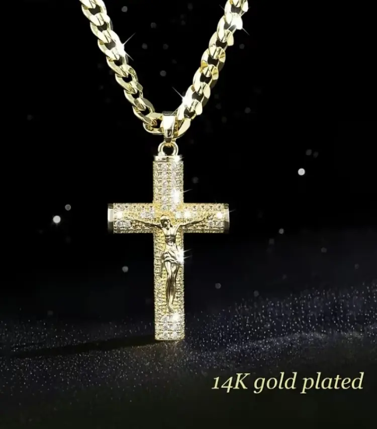 14K Gold Plated Jesus Crucifix Pendant Necklace, 24 Inch Copper cuba Chain, Cubic Zirconia Inlaid Cross Necklace for Men Women Catholic Religious Jewelry,Handcrafted Polishing And Multiple Electroplating summeroutfits,beachoutfits Daily Wear Gift Necklace