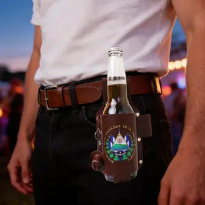 El Salvador Drink Holster with Cowboy Hat Opener, Leather Drinkware Fits 12oz Cans & 12-14oz Bottles, Beer Holder for Father’s Day Birthdays Independence Day Gifts
