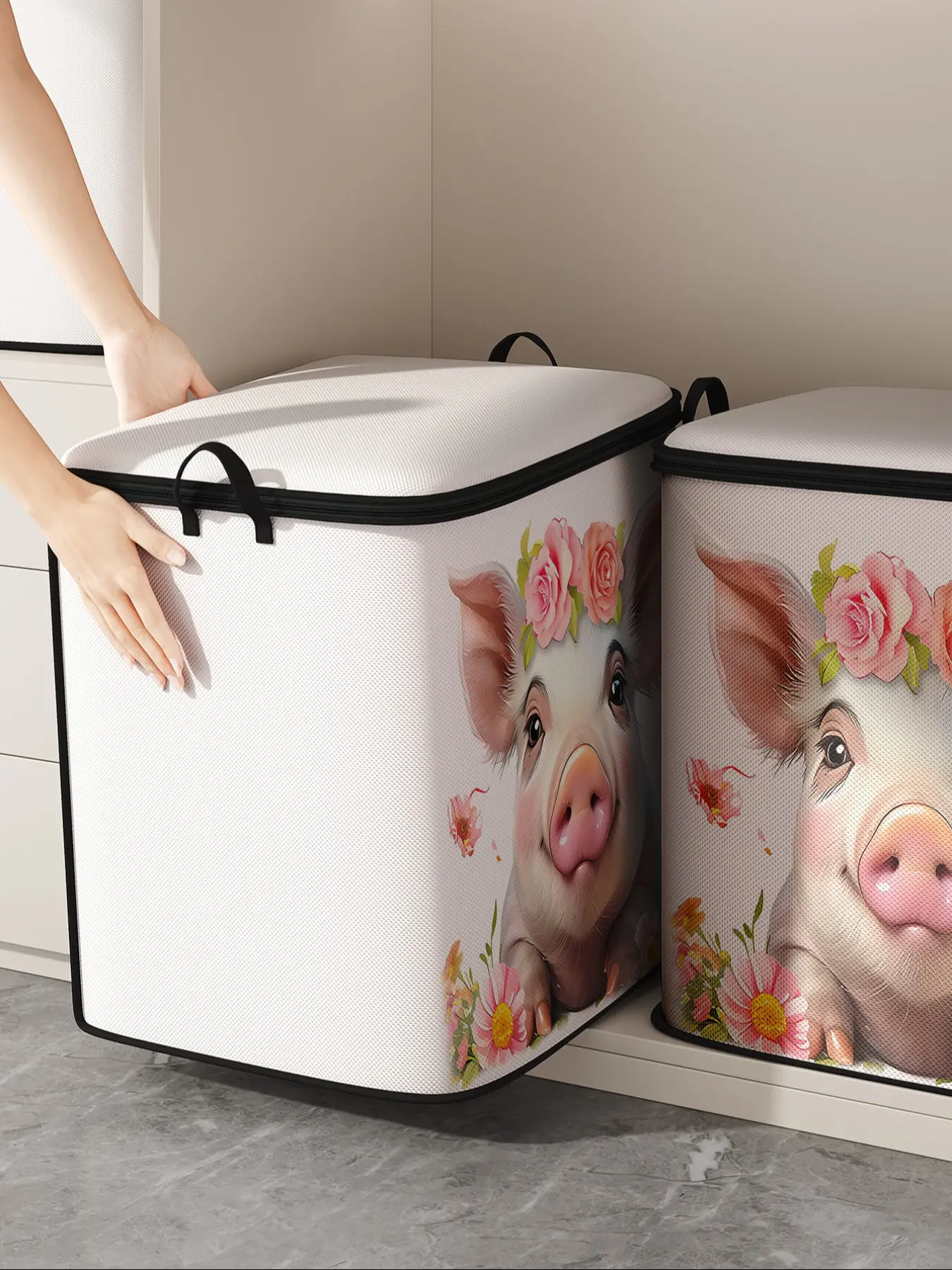 Cute Pig Printed Blanket Storage Bag, Storage Tote, Durable Material, Easy Carry Handle, Perfect for Home Use, Store Blankets and Toys