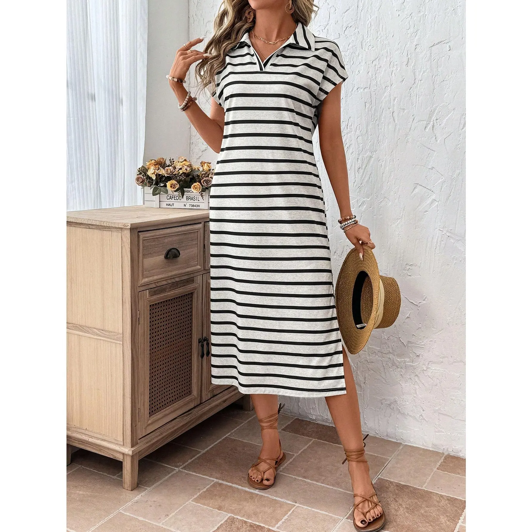SHEIN LUNE Apricot & Black Striped Loose Casual Polo Neck Long Dress For Women Airport Outfit SHEIN LUNE Apricot & Black Striped Loose Casual Polo Neck Long Dress For Women Airport Outfit