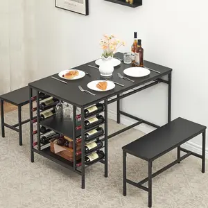 3-Piece Rectangular Dining Table Set for 4 with Wine Rack Storage Shelf and 2 Benches Kitchen Table Set for Small Spaces Apartments Home Black