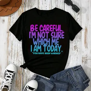 100%cotton, Women's Casual Gradient Slogan Print Round Neck T-Shirt, Summer,made in USA Breathable Streetwear