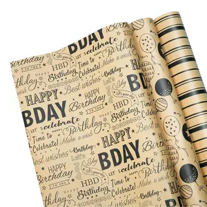 3 Rolls Birthday Wrapping Paper, 17x9.84 Inches, Kraft Paper Gift Wrap Roll with Balloons, Letters, Stripes, Stars, Perfect for Parties