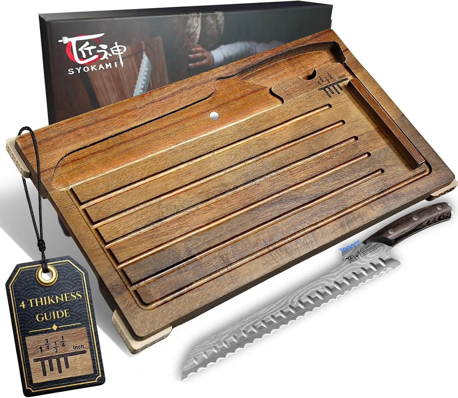SYOKAMI Acacia Wood Kitchen Bread Slicer with Cutting Board, Knife, 4-Thickness Guide, Crumb Catcher, Offset Handle, Magnetic Storage - Gift Box for Homemade Sourdough, Thanksgiving, Christmas