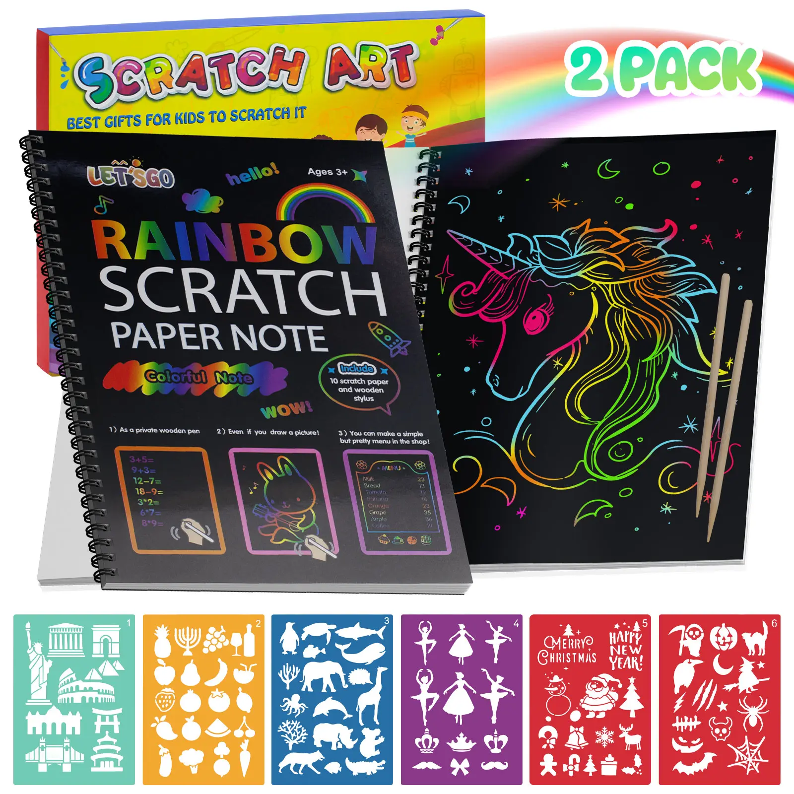 EFFUN Mess-Free Rainbow Scratch Paper Art Set for Kids - 2-Pack, 2 Bamboo Styluses, 10-Page Color Notebook, 6 Extra Templates, Screen-Free Educational Creative Toy, Gift-Box Ready Set, Fun Gifts, Scratch Art Drawing & Writing Boards