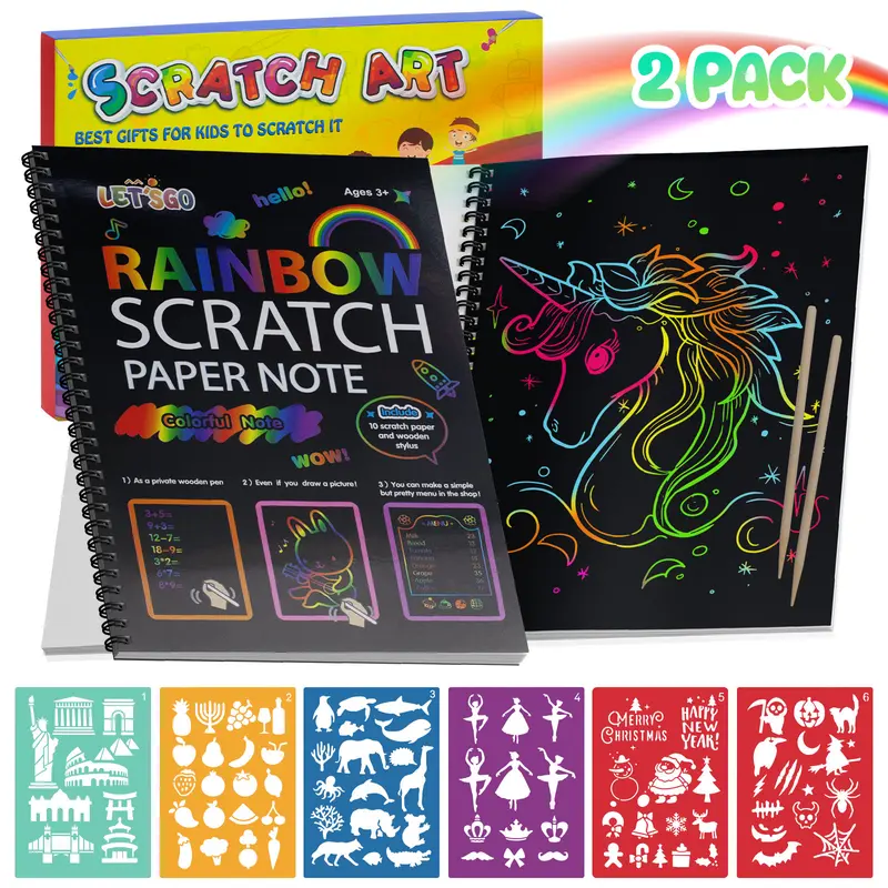 EFFUN Rainbow Scratch Paper Art Set, 1 or 2 Count with 2 Bamboo Stylus, 10 Pages Color Scratch Notebook, Extra 6 Templates, Birthday Gift for Kids, Party Favor Creative Art Supplies