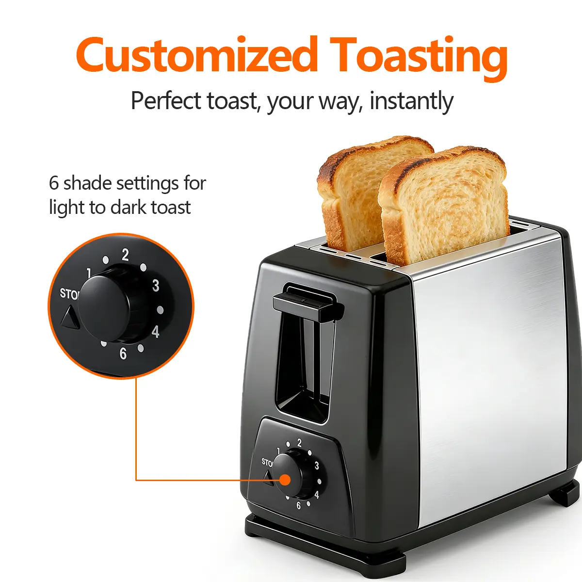 2-Slice Stainless Steel Pop-Up Toaster with Extra Wide Slots, 6 Browning Shade Settings, Toasting Control, Removable Crumb Tray, Compact Household Kitchen Small Appliance for Bread, Bagels, Waffles