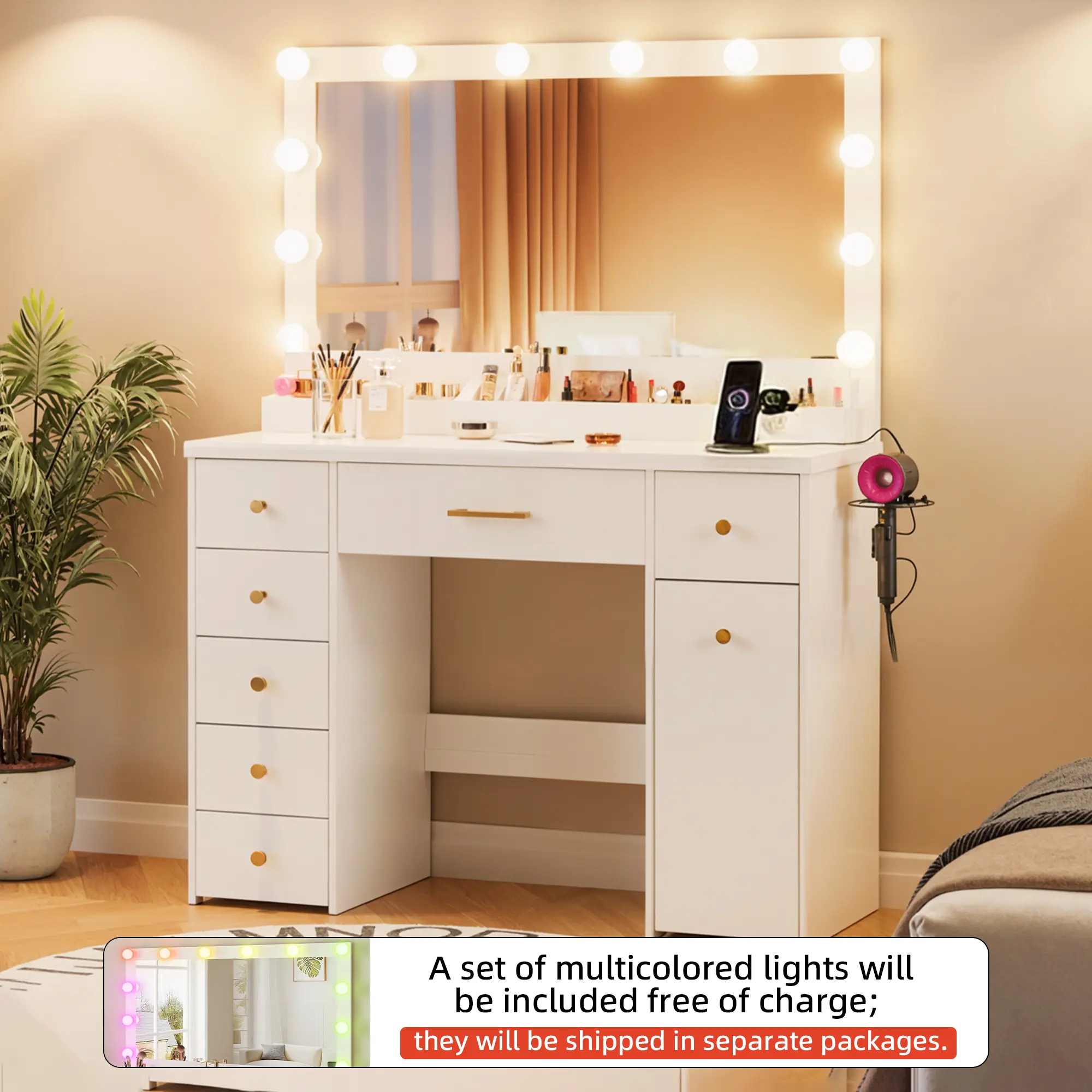 LAKEMID Classic Built-in Mirrors Makeup Vanity (White) - Bedroom Storage Furniture with Large Mirror, 3-Color Adjustable Hollywood-Style Bulbs (1 Extra Colored Bulb), 7 Drawers, 6 Compartments, Pull-Out Double-Tier Unit, Power Outlets, Assembly Required