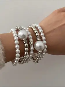Set of 5 Exaggerated Punk Style Imitation Pearl Ladies' Bracelets and Hand Chains, Stackable Bracelets for Girls To Wear for Daily Outings and Parties, As Accessories for Girls' Outfits, Fashionable Bracelet