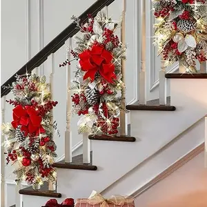 Cordless Prelit Stairway Swag Trim, Christmas Swag Wreaths for Front Door Holiday Wall Window Hanging Ornaments for Indoor Outdoor Home Xmas Decor (Red)