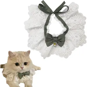 Elegant Lace Cat Collar with Cute Bow,Kitty Necklace with Bow Tie and Pearl,Pet Lace Bib Collar with Cute Bow,Cat Princess Costumes,Green,1 Piece