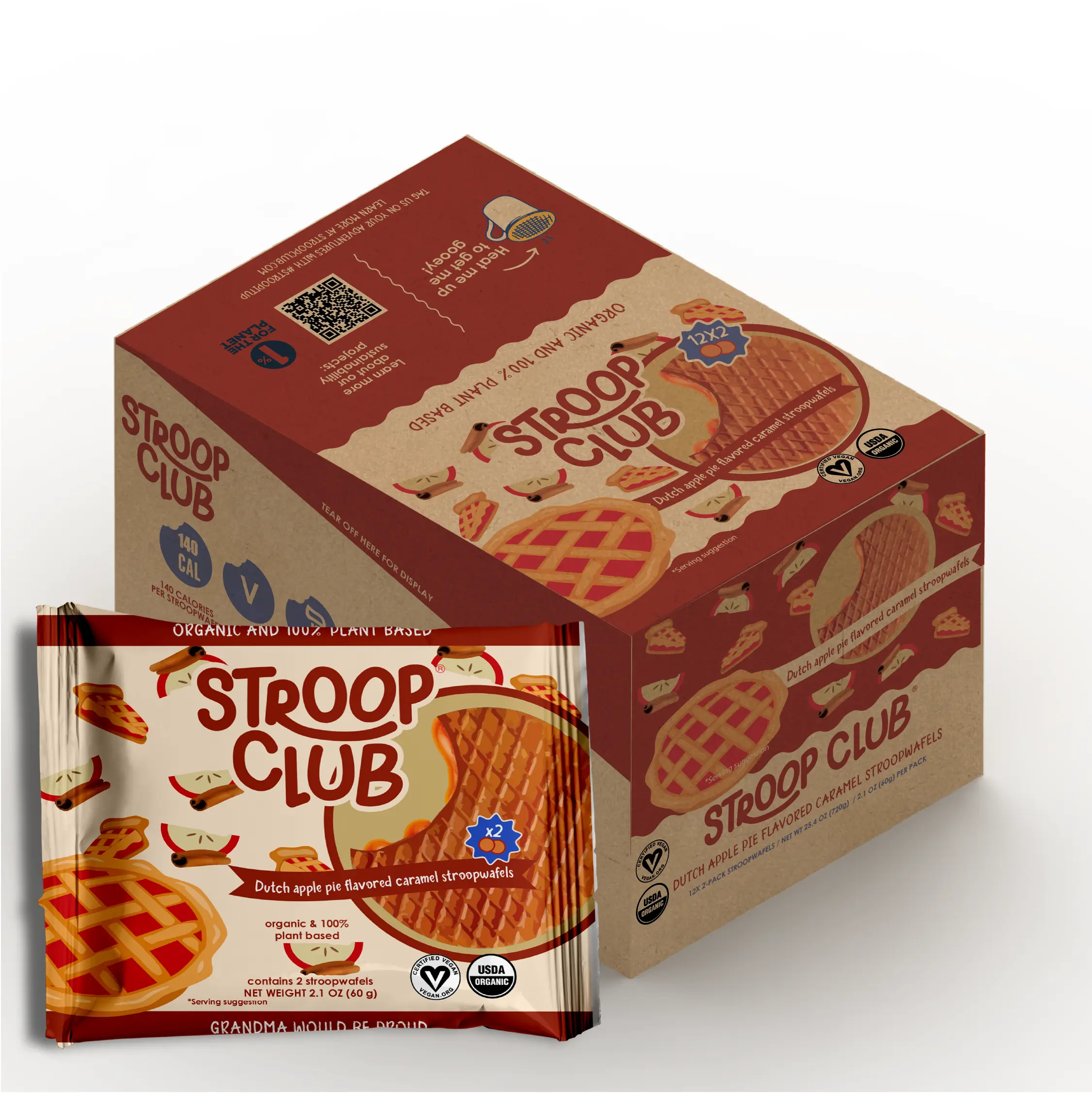Apple Pie Caramel Plant Based and Organic Stroopwafels (box of 12x 2-pack - 24 total)