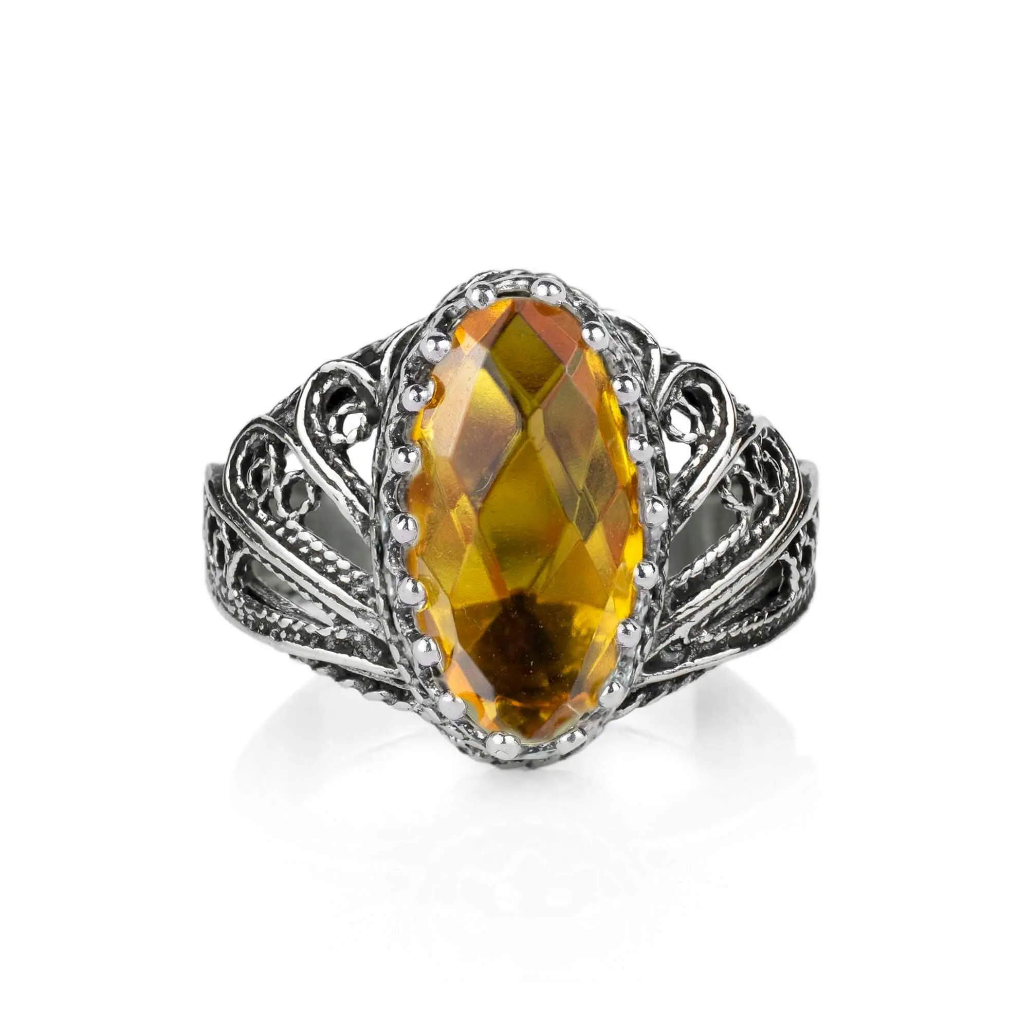 Filigree Art Citrine Gemstone Angel Design Women Silver Cocktail Ring