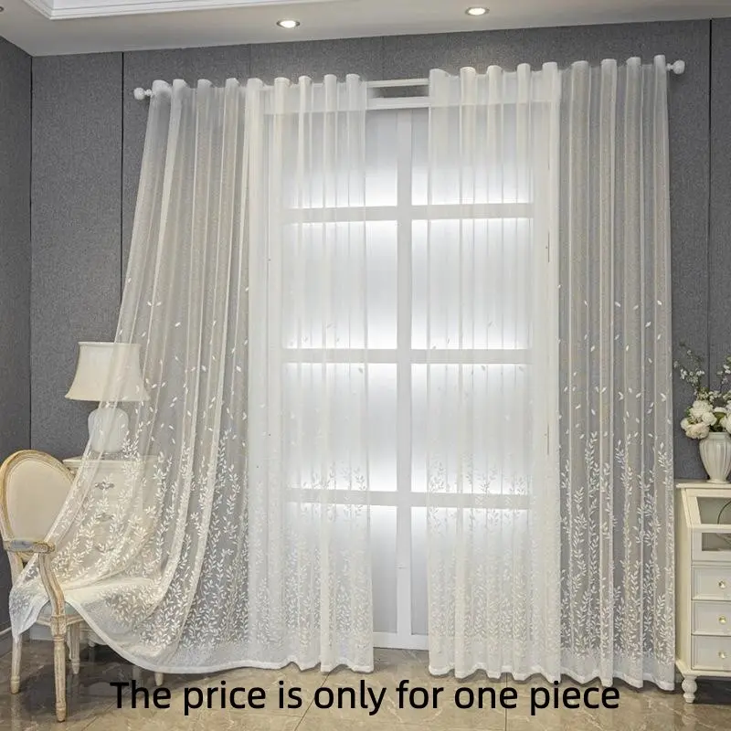 1PC Modern Korean Style Drapes, Half-Transparent Knitted Branch Leaf Print Window Curtain, Ring-Hole Design, Perfect for Balcony Door & Living Room Decor