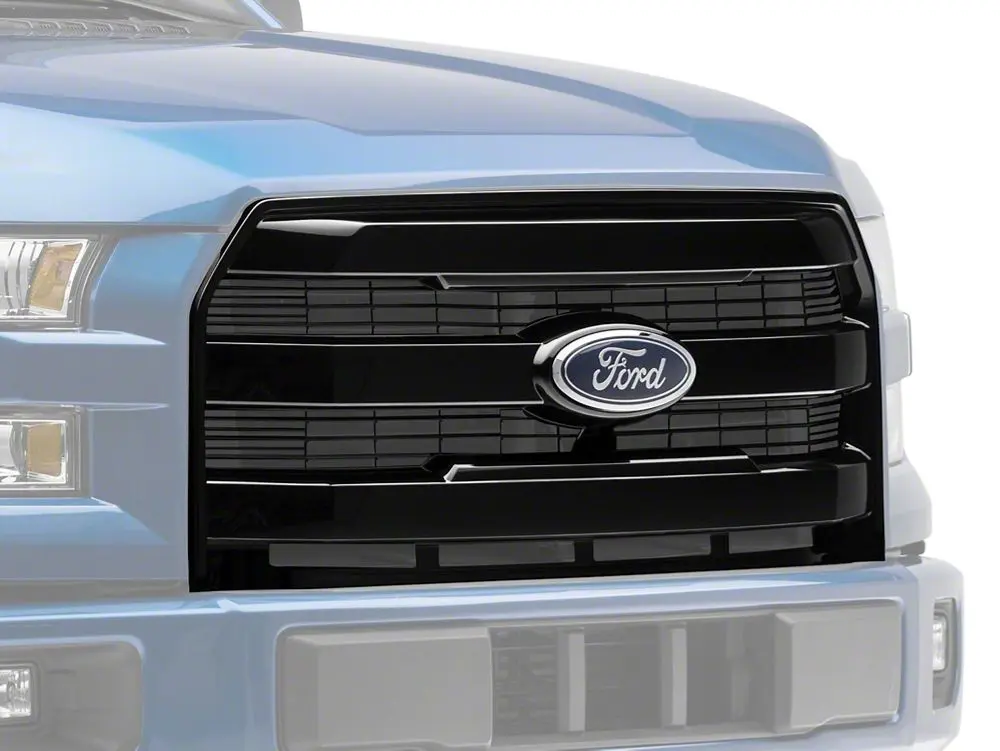 RedRock Gloss Black 3-Bar Upper Replacement Grille - with Mounting Points, Forward-Facing Camera Opening - for 15-17 Ford F-150 Truck (Excludes SVT Raptor Models) | Truck Appearance Upgrade, Accident Repair, Factory-Style Car Exterior Accessory