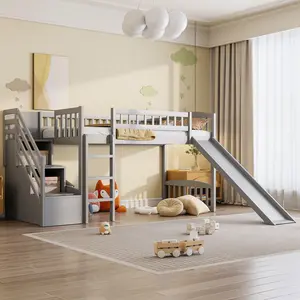 Twin Size Loft Bed with Slide and Stairs, Solid Wood Low Loft Bed Frame with Storage
