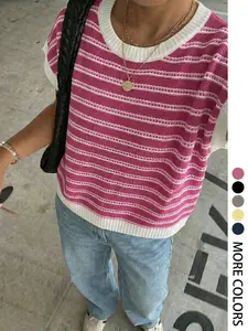 Women's Striped Knit Vest Casual Loose Fit Sleeveless Top, Spring Summer Fashion, Elegant and Comfortable, Random Stripe Pattern, Womenswear