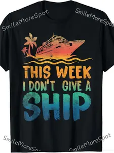 Funny Cruise Ship Graphic T-Shirt - "This Week I Don't Give A Ship" Saying - Black Tee with Tropical Cruise Ship & Palm Trees - Soft Breathable 180gsm Cotton Crew Neck Shirt - Regular Fit Casual Vacation & Casual Attire - Machine Washable Novelty