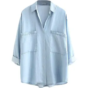 Womens Denim Shirt Chambray Blue Button Down Jean Shirts Denim Tencel 3/4 Sleeve Tops