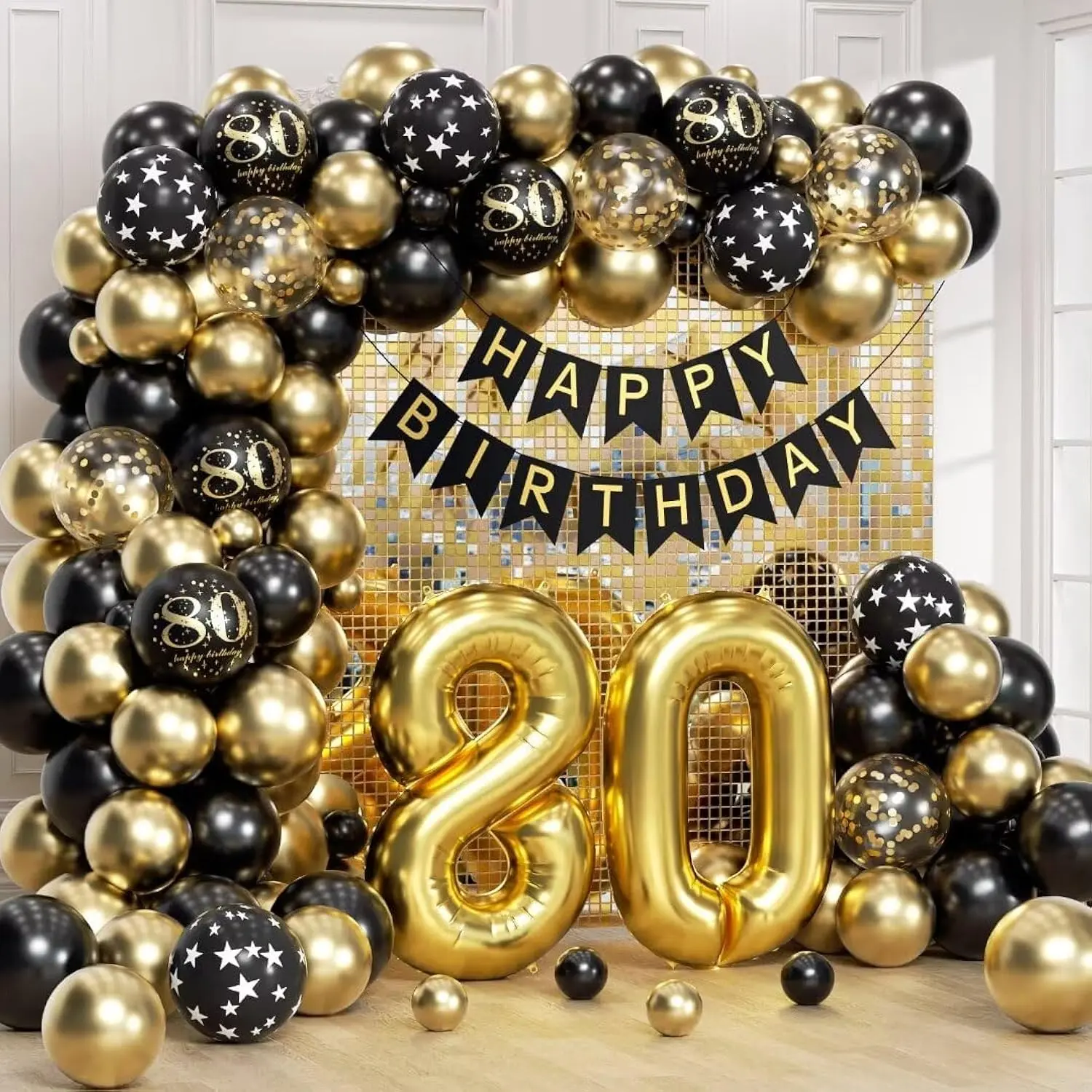 80th Birthday Party Decoration Kit for Men & Women with Banner, Number 80 Balloon & Black Gold Theme
