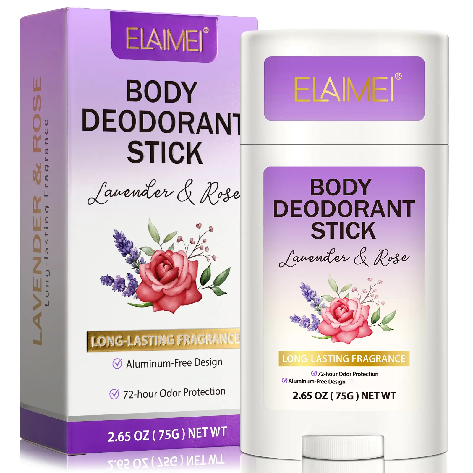 ELAIMEI Aluminum-Free Deodorant Stick - Underarm Product, 72-Hour Odor Control, Natural Scents Lavender&Rose, Body Care, 75g Antiperspirant
