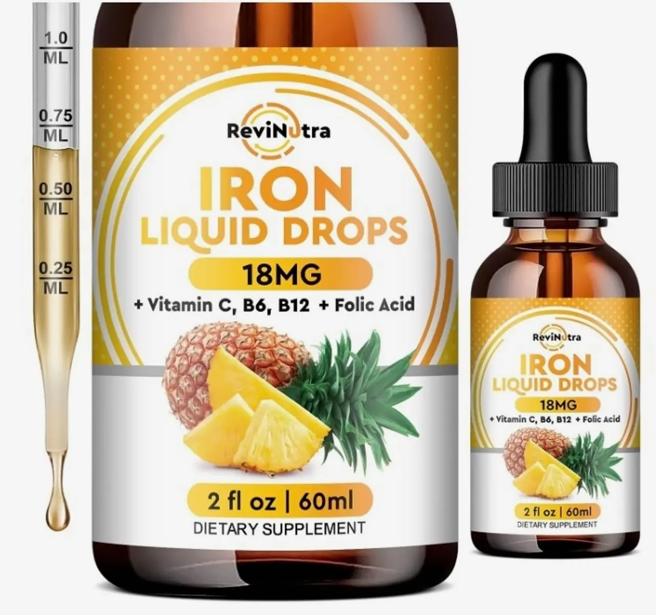 Liquid Iron Supplement for Women, Men & Kids, Liquid Iron Drops with Folate, Vitamin C, B6, B12 for Anemia, Red Blood Cell, Energy Support, Pineapple Flavor, 2 Fl Oz