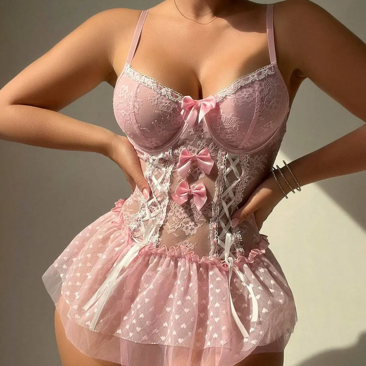 (New)2025 New Sexy Underwire Push-Up Temptation Transparent Mesh Bowknot One-Piece Lingerie Lace Design