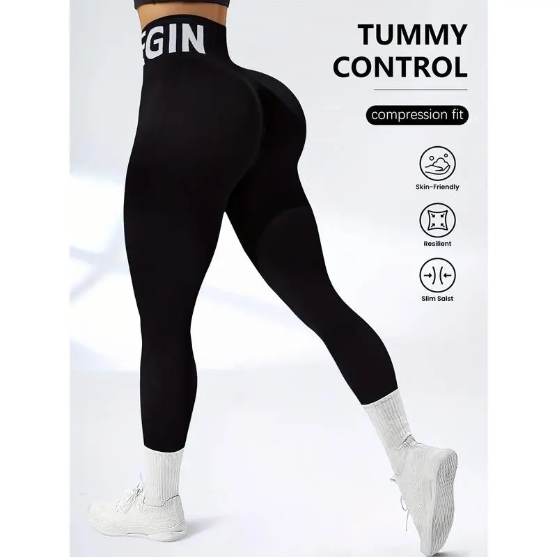 NewWomen's High-Waist Yoga Pants, Seamless Knitted Sporty Bottoms with Tummy Control and a Lettered Waistband, Sporty Sports Bottoms