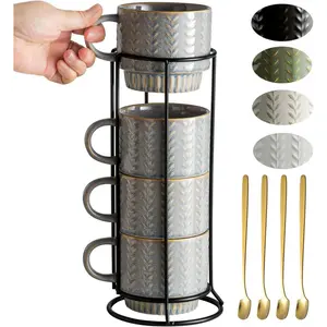 Coffee Mugs Set of 4 with Spoons & Stand, Stackable Espresso Cups 13oz Coffee Mug for Drinks Latte Cappuccino Tea, Coffee Cup for Women Men Couples Housewarming Birthday Gift, Dishwasher Safe
