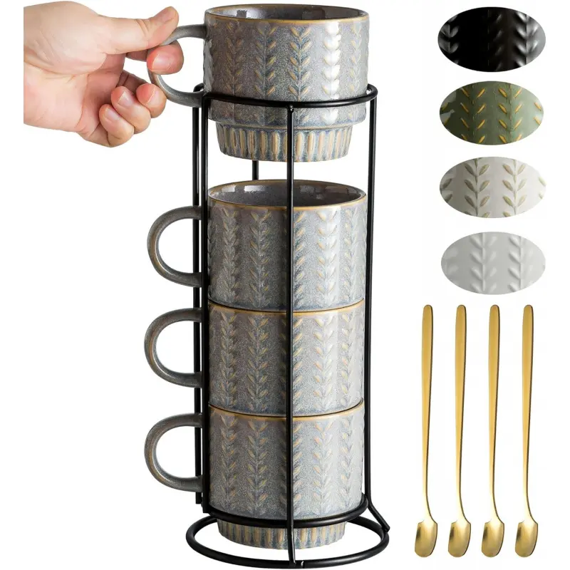 13oz Stackable Coffee Mugs Set of 4 with Spoons & Stand, Espresso Cups for Latte, Cappuccino, Tea, Ideal Gift for Couples, Dishwasher Safe Home Supplies