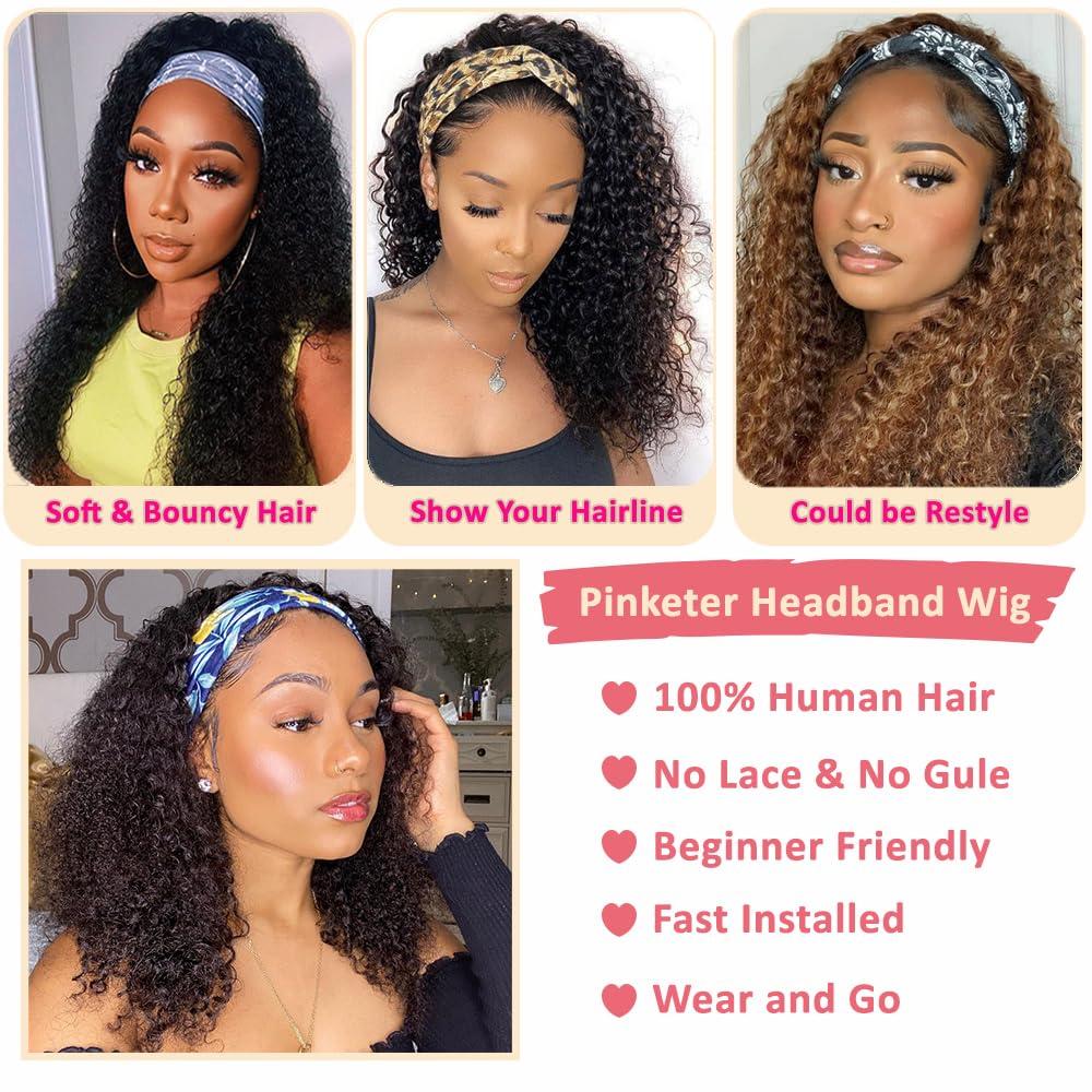 MYLOCKME Long Headband Wig Human Hair Kinky Curly Human Hair Wig for Women Curly Half Wig None Lace Front Wigs 180% Brazilian Virgin Hair