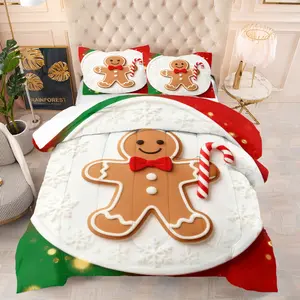Christmas series gingerbread man pattern quilt with cotton, including 1 quilt and 1 or 2 core-free pillowcases, suitable for home or dormitory decoration, very suitable Christmas gift