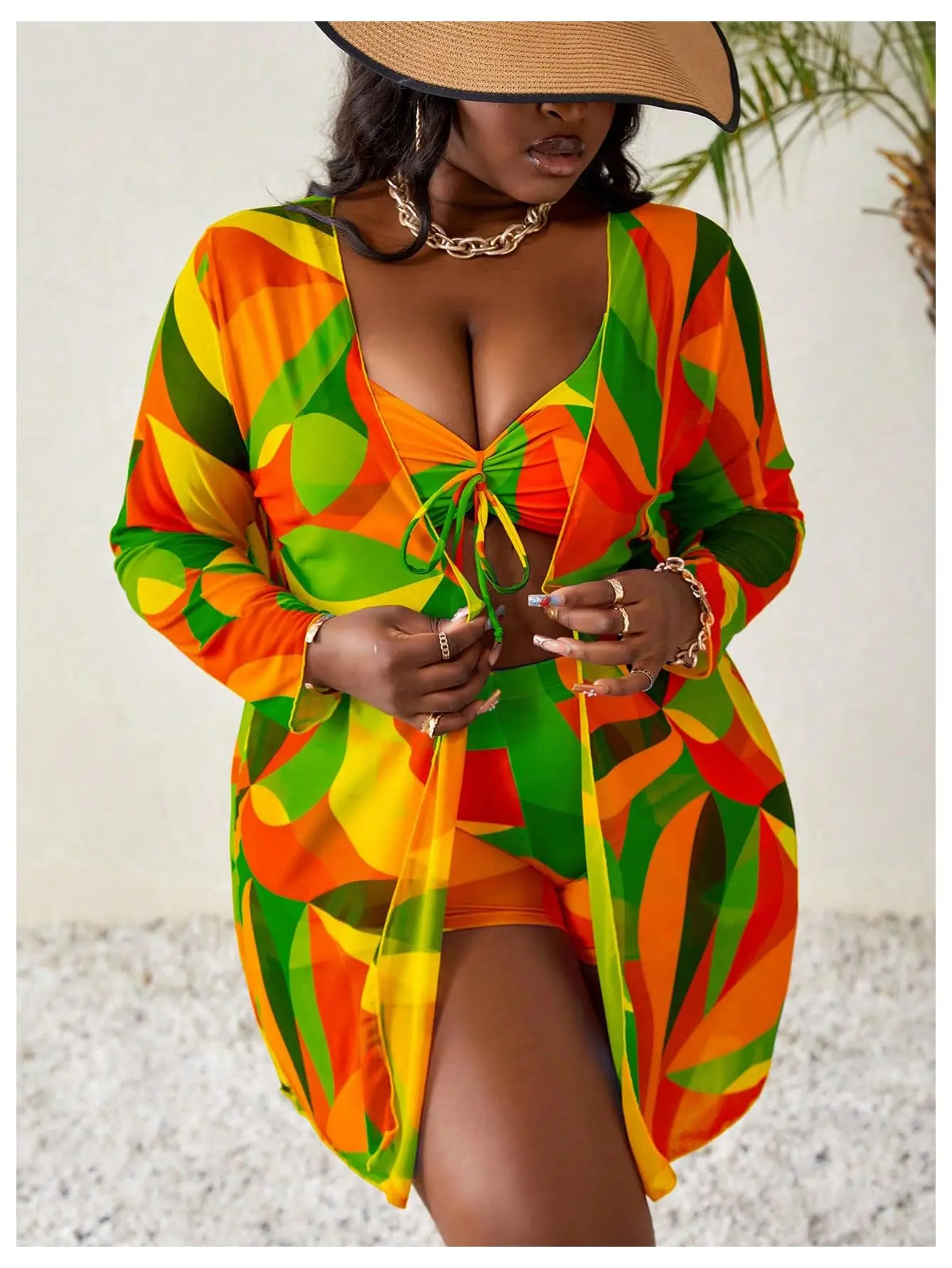 Women's Plus Size Stretch 3-Piece Abstract Print Bikini Set - Stretchy Swimwear, Colorful Tie-Front Top, High-Waisted Boyshort Bottom, Cover Up, Curvy-Friendly Bathing Suit, Beachwear, Plus Size Fashion, Swimsuits for Women