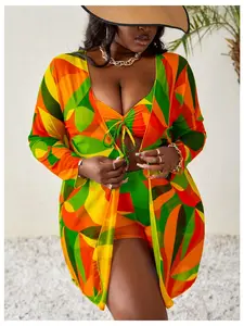 Plus Size Abstract Print 3 Piece Swimsuit with Cover Up, Colorful Tie Front Bikini Top & High Waisted Boyshort Bottom, Curvy-Friendly Beachwear Set