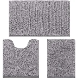 3 Pieces Bathroom Rugs, Soft Thick Absorbent Chenille Bath Mats, Washable Floor Rugs for Shower & Bath, Grey