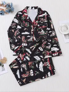 2 pieces of women's black bottom western denim horse riding print long sleeved pants pajama set with pockets suitable for all seasons comfortable and elegant casual home wear