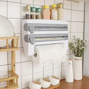 3-in-1 Wall-Mounted Kitchen Organizer - Slide Cutter for Paper Towel/Foil/Plastic Wrap, No Drill Space Saver