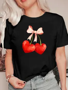 Chic Love Cherry Graphic Tee for Women - Casual Round Neck, Short Sleeve, Stretchy ,WIdeal Everyday Fashion Top with Pink Bow DetailHoliday gifts,Holiday gifts