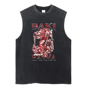 Baki Hanma Vintage Washed Tank Top, Gym Essential, Vintage Casual Crewneck Short Sleeves Menswear T-shirt Classic Cotton Fabric Streetwear