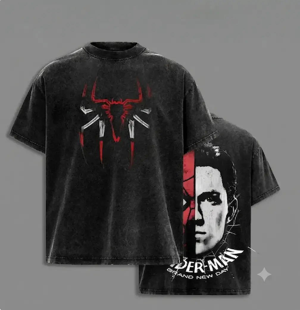 Vintage Washed Heavyweight Cotton Dark Spidey Graphic T-Shirt, Double Sided Split Mask Oversized Spider Tee for Men & Women! Y2K Grunge Streetwear Web Slinger Aesthetic Apparel. Retro Comic Premium Unisex Tops, Collector Fan Gift Merch & Casual Wear.