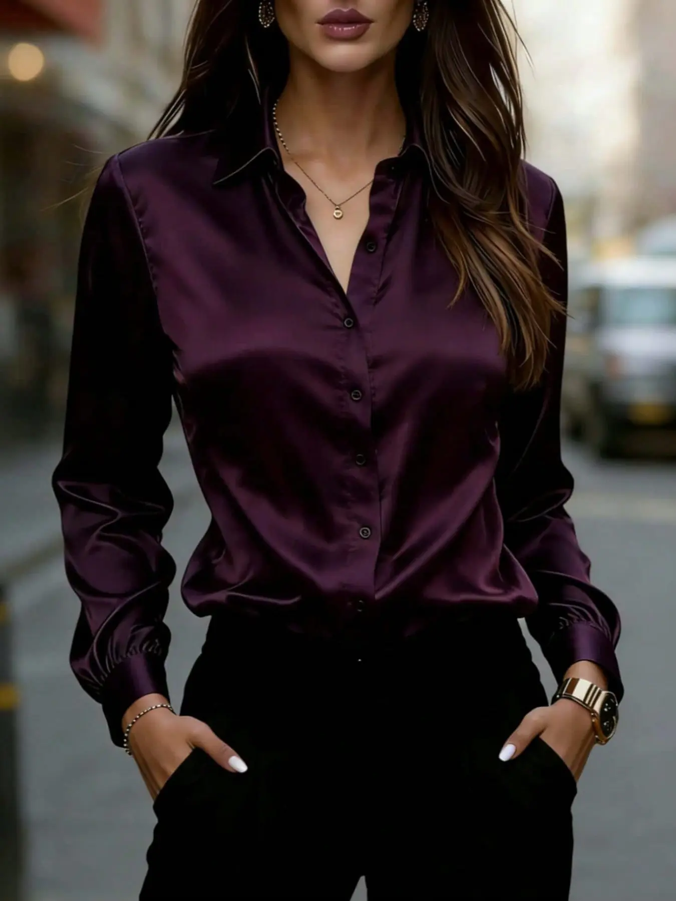 Elegant Plus Size Satin Collared Button Shirt, Women's Stylish Blouse, Comfortable and Chic Design, Perfect for Casual and Formal Wear, Women's Satin Long Sleeve Button-Up Shirt With Collar