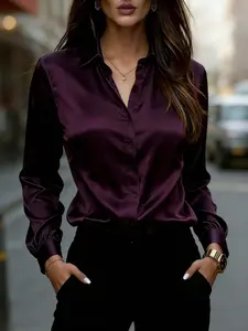 Elegant Plus Size Satin Button Shirt, Women's Stylish Blouse, Comfortable and Chic Design, Perfect for Casual and Formal Wear, Women's Satin Long Sleeve Button-Up Shirt With Collar