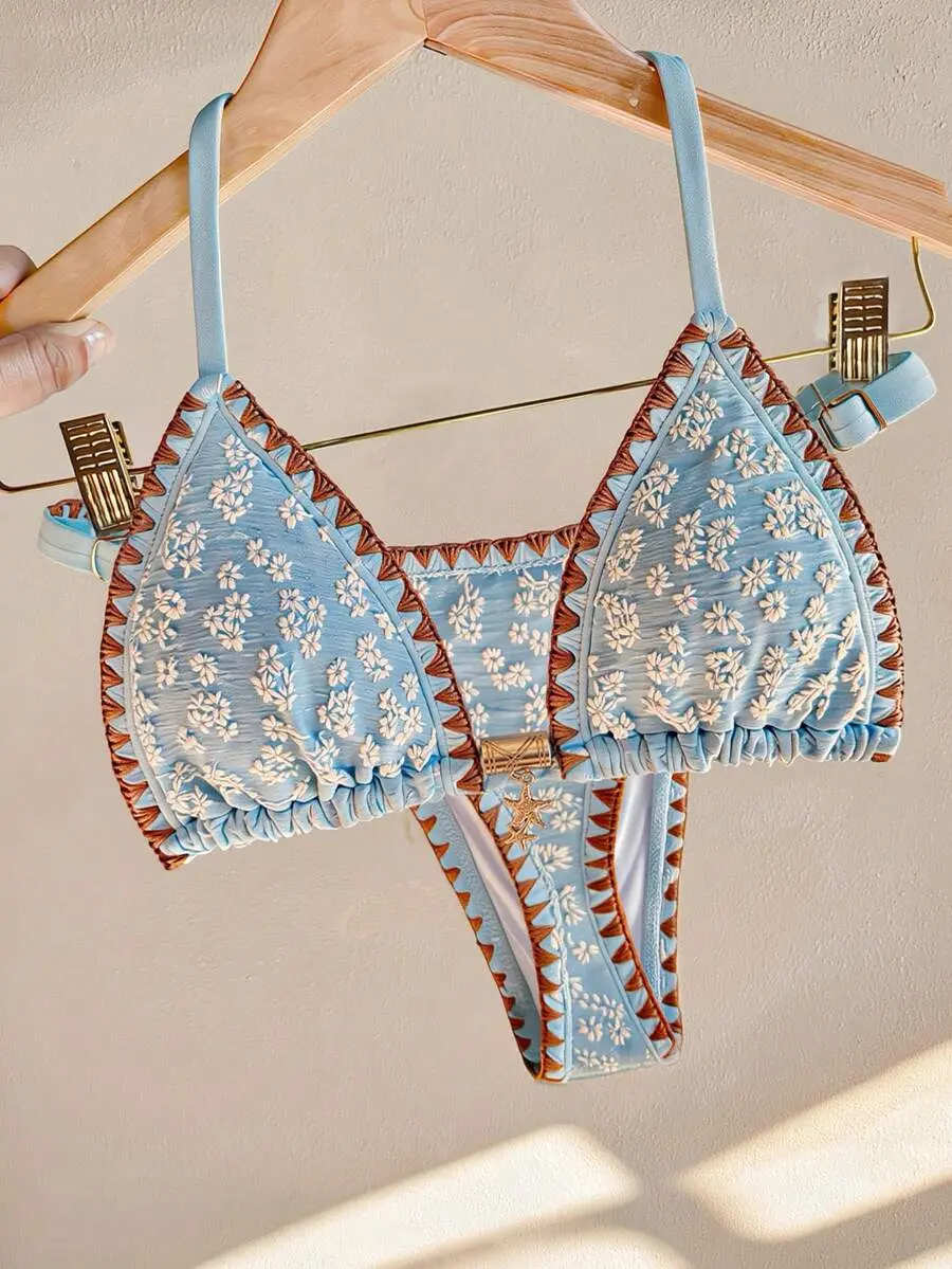 YCHIC Womens Boho Light Blue Floral Triangle Bikini Set Handmade Daisy Embroidery Starfish Charm Summer Beach Holiday Swimwear