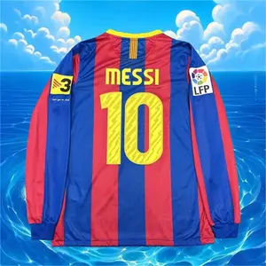 2010 2011 Home Retro No.10 Messi Stripe Long sleeve Soccer jersey